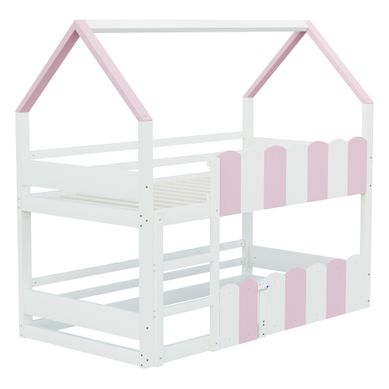 Lit Superposé Enfant 90 X 200 Cm, Forme Maison, Barrières Hautes, Sommier À Lattes, Rose