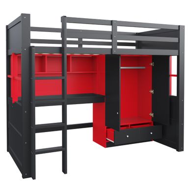 Lit Mezzanine 90 X 200 Cm, échelle, Bureau, Armoire, Tiroirs, Rangement, Gaming, Noir-rouge