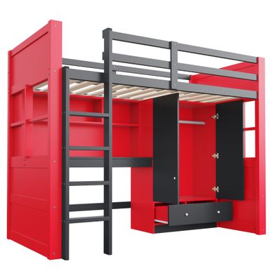 Lit Mezzanine 90 X 200 Cm, échelle, Bureau, Armoire, Tiroirs, Rangement, Gaming, Rouge-noir