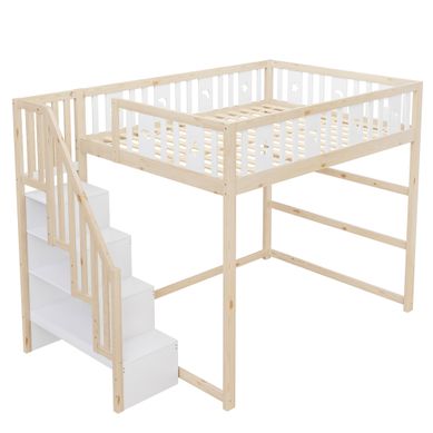 Lit Mezzanine Enfant 140 X 200 Cm, Escalier, Bois Massif, Barrière, Décor étoiles Et Lune