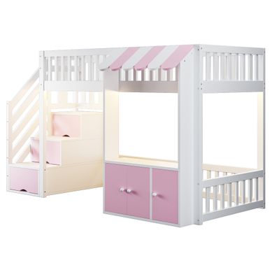 Lit Mezzanine En Bois 90 X 200 Cm, Armoire, Escalier Rangement, LED Multicolore, Rose
