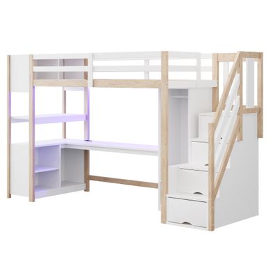 Lit Mezzanine En Bois 90 X 200 Cm, Armoire, Bureau, Escalier Rangement, Prises, LED, Bois
