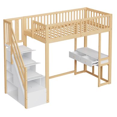 Lit Mezzanine 90 X 200 Cm, Table Multifonction, Escalier Rangement, Pin Massif, Blanc
