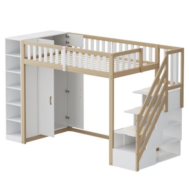 Lit Mezzanine Multifonction 90 X 200 Cm, étagères, Armoires, échelle Rangement, Blanc Et Bois