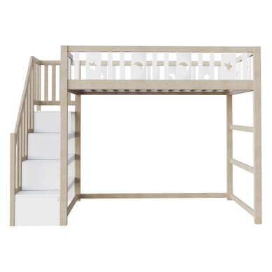 Lit Mezzanine Enfant 90 X 200 Cm, échelle Rangement, Barrières, Décor étoiles Et Lune, Bois