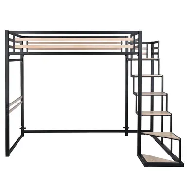 Lit Mezzanine Pour 2 Personnes Sommier Inclus 140 X 200cm Métal Noir Et Effet Chêne Style Industriel