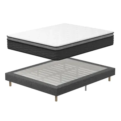Ensemble Matelas ressort ensachés 140x190cm Epaisseur 30cm + Sommier tapissier gris, 9 pieds fournis Ensemble Matelas ressort ensachés 140x190cm Epaisseur 30cm + Sommier tapissier gris, 9 pieds fournis