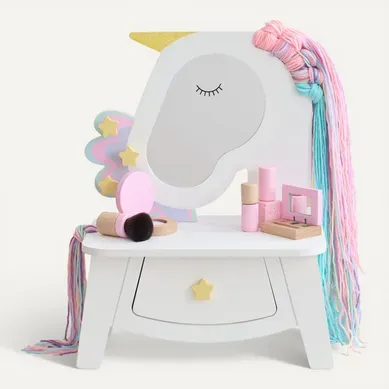 Coiffeuse Licorne Enfant, Miroir, Tiroir, 42cm, Blanc