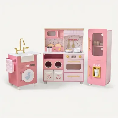 Cuisine Jouet Bois 3 Pièces Modulable, 21 Accessoires, 89cm, Rose Cuisine Jouet Bois 3 Pièces Modulable, 21 Accessoires, 89cm, Rose