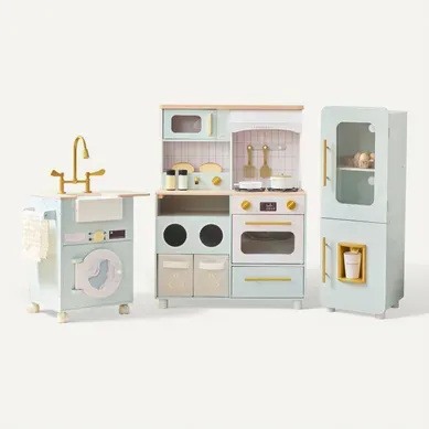 Cuisine Jouet Bois 3 Pièces Modulable, 21 Accessoires, 89cm, Vert Cuisine Jouet Bois 3 Pièces Modulable, 21 Accessoires, 89cm, Vert