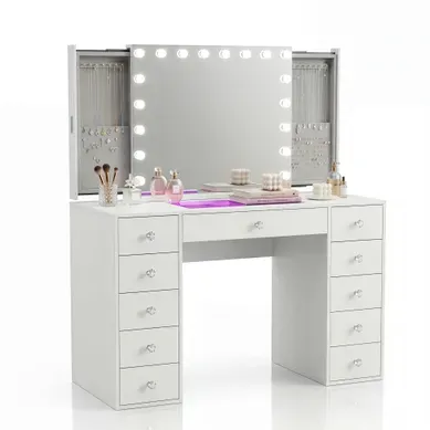 Vanitii Coiffeuse Avec Miroir LED Rgb Bluetooth 11 Tiroirs Blanc 130 X 55 X 141 Cm