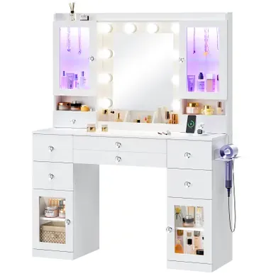 Coiffeuse Miroir 10 Ampoules108x40x156cm 7 Tiroirs 1 Placard Compartiments Support Bijoux Blanc Coiffeuse Miroir 10 Ampoules108x40x156cm 7 Tiroirs 1 Placard Compartiments Support Bijoux Blanc