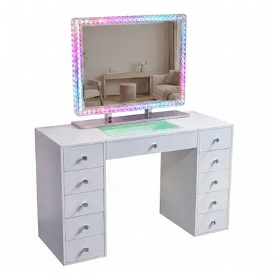 Vanitii Coiffeuse Avec Miroir LED Rgb 11 Tiroirs Blanc 130 X 55 X 127 Cm