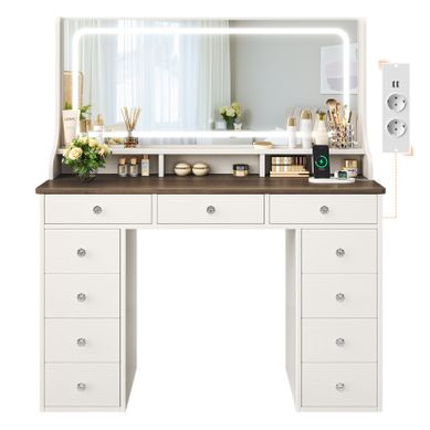 Coiffeuse élégante 11 Tiroirs Grand Miroir 110cm Avec Prise-support Table De Maquillage LED Marron Coiffeuse élégante 11 Tiroirs Grand Miroir 110cm Avec Prise-support Table De Maquillage LED Marron