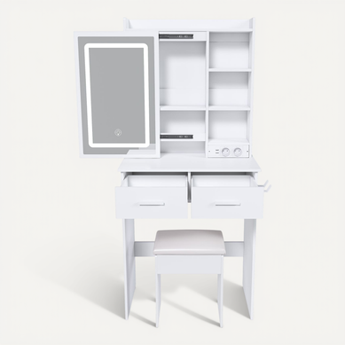Coiffeuse Moderne Avec Miroir Table Maquillage 3 Etagères Caché 2 Tiroirs 1 Banc 60x36x136cm Blanc