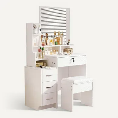 Coiffeuse Moderne Avec Miroir Table De Maquillage 4 Tiroirs 1 Tabouret 4 Etagères 87x40x144cm Blanc Coiffeuse Moderne Avec Miroir Table De Maquillage 4 Tiroirs 1 Tabouret 4 Etagères 87x40x144cm Blanc