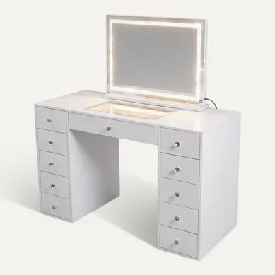 Coiffeuse avec Miroir à Éclairage LED RGB Dimmable Blanc 130cm 11 Tiroirs Miroir 80x 58 cm Coiffeuse avec Miroir à Éclairage LED RGB Dimmable Blanc 130cm 11 Tiroirs Miroir 80x 58 cm