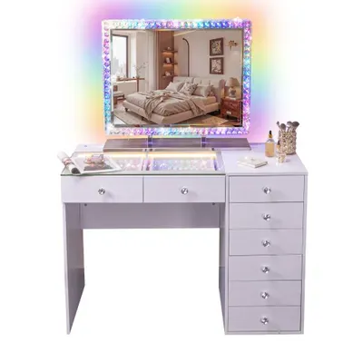 Coiffeuse Avec Miroir LED 8 Tiroirs Blanc 120x 55 Cm