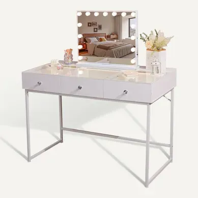 Coiffeuse avec Miroir à Éclairage LED Dimmable Blanc 115cm 3 Tiroirs Miroir 58x 46 cm Coiffeuse avec Miroir à Éclairage LED Dimmable Blanc 115cm 3 Tiroirs Miroir 58x 46 cm