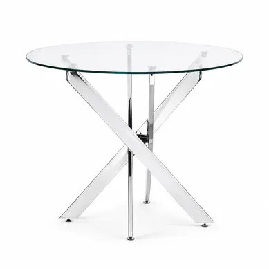 Table à Manger Ronde En Verre Trempé, Table Avec Pieds Chromés Croisés, Argent, 80x80x75cm