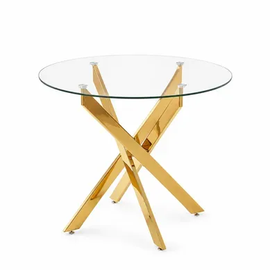 Table Ronde Verre Trempé, Pieds Dorés Croisés, Cuisine Moderne Gain De Place, 80x80x75cm