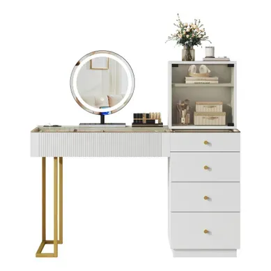 Coiffeuse Table Verre 120x40x120cm Table Maquillage LED Tricolore 5 Tiroirs 1 Porte Casier Blanc Coiffeuse Table Verre 120x40x120cm Table Maquillage LED Tricolore 5 Tiroirs 1 Porte Casier Blanc