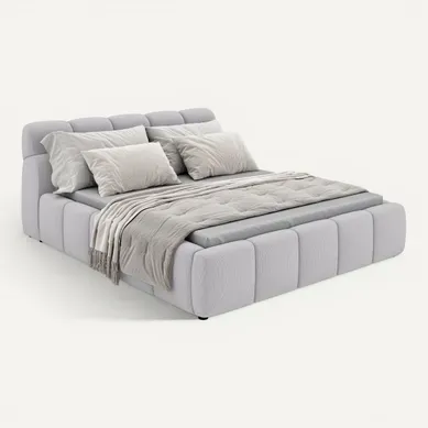 Lit coffre 140x200 cm JULIA effet bubble tissu gris clair vue 3/4