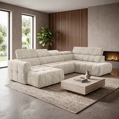 Canapé relax CEZARE panoramique droit beige Canapé relax CEZARE panoramique droit beige vue d'ambiance 1