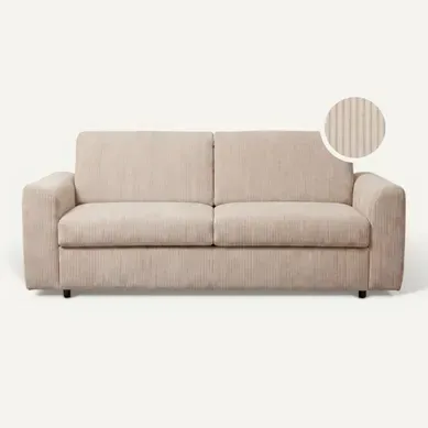 Canapé convertible express 3 places CLAYVE en velours côtelé beige matelas 13 cm Canapé convertible express 3 places CLAYVE en velours côtelé beige matelas 13 cm vue de face