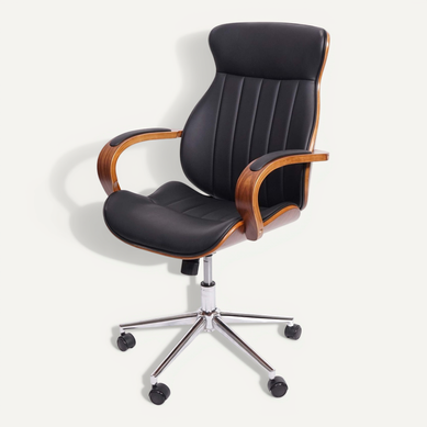 Fauteuil De Bureau Pivotante En Synthétique Noir Dossier Bois Aspect Noyer Rotatif À 360° 04_00018