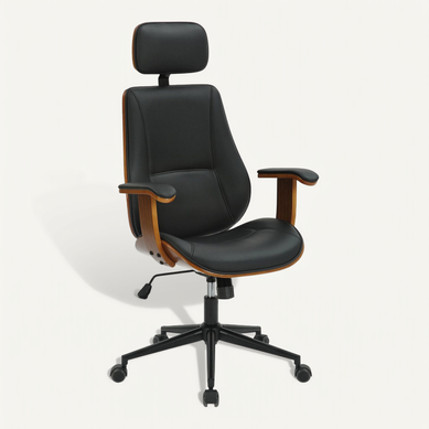 Fauteuil De Bureau Ergonomique Et Design Avec Appuie-tête Et Accoudoirs En Bois Marron Et Similicuir