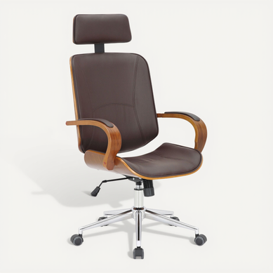 Chaise De Bureau Dossier Et L'appuie-tête En Métal Pvc Marron Et Cadre En Bois Noyer 10_0002450