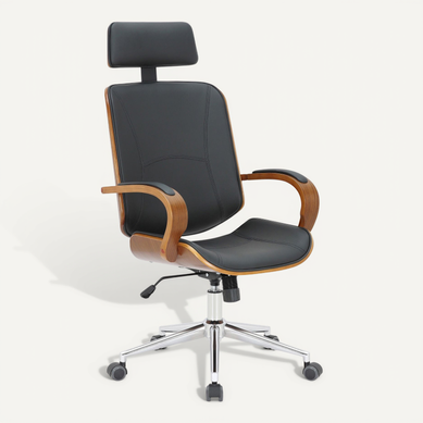 Chaise De Bureau Dossier Et L'appuie-tête En Métal Pvc Noir Et Cadre En Bois Noyer 10_0002452