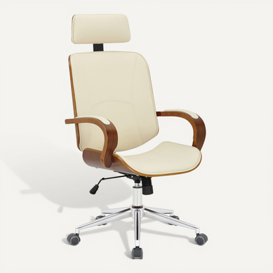 Chaise De Bureau Dossier Et L'appuie-tête En Métal Pvc Crème Et Cadre En Bois Noyer 10_0002453
