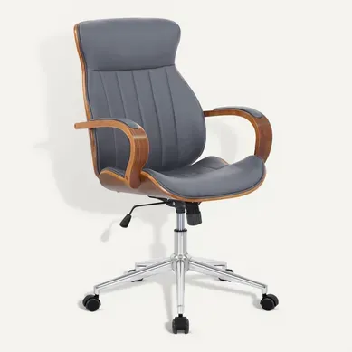 Fauteuil De Bureau Avec Accoudoirs Cadre Robuste En Bois Courbé Couleur Noyer Pvc Gris Et Métal