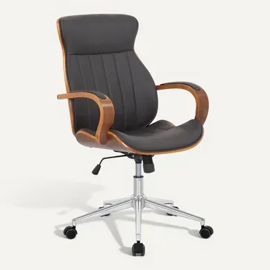 Fauteuil De Bureau Avec Accoudoirs Cadre Robuste En Bois Courbé Couleur Noyer Pvc Marron Et Métal