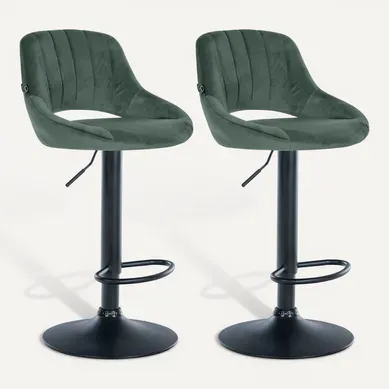 Lot De 2 Tabourets De Bar Réglables En Velours Vert Dossier Ajouré Et Pied Métal Noir 10_0005585