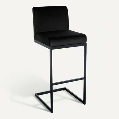 Tabouret De Bar X1 Avec Dossier Pieds En Forme De Luge En Métal Noir Assise En Velours Noir 10_000
