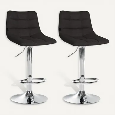 Lot De 2 Tabourets De Bar Moderne En Tissu Noir Motif Matelassé Piètement Trompette Métal Chromé 1