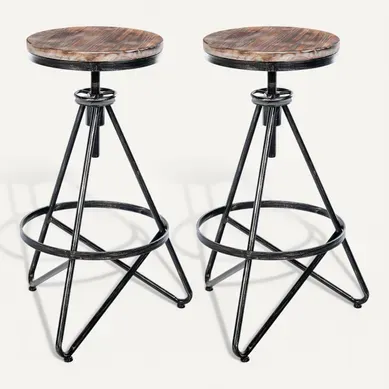 Tabourets De Bar X2 Réglable En Bois Massif Et Métal Argenté - Style Atelier Vintage Industriel 10