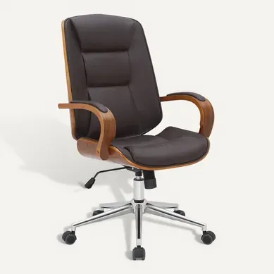 Fauteuil De Bureau Sur Roulettes Avec Accoudoirs Simili Marron Structure En Bois Courbé Et Métal