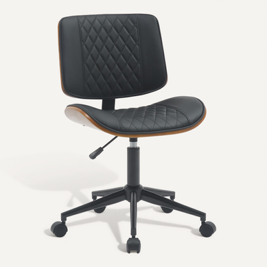 Fauteuil De Bureau Ergonomique Réglable – Dossier Matelassé À Losanges Pvc Noir Bois Noyer 10_0006