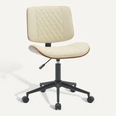 Fauteuil De Bureau Ergonomique Réglable – Dossier Matelassé À Losanges Pvc Crème Bois Noyer 10_000