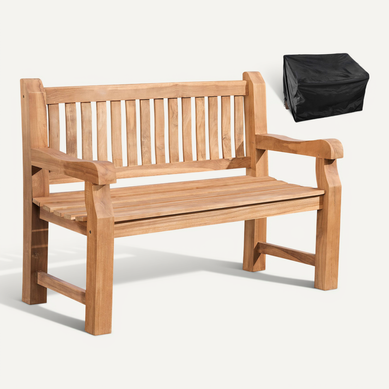Banc De Jardin Dossier à Lattes Droites 120 Cm En Bois De Teck Et Housse De Protection