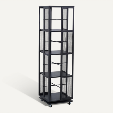 Bibliothèque Rotative étagère Style Industriel Avec Roulettes 147 Cm En Métal Et Mdf Noir 04_00087