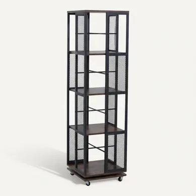 Bibliothèque Rotative étagère Style Industriel Avec Roulettes 147 Cm En Métal Et Mdf Brun Foncé 04