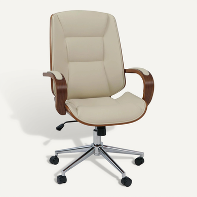 Fauteuil De Bureau Sur Roulettes Pivotant Avec Accoudoirs En Simili Cuir Crème Avec Structure