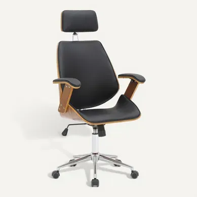 Fauteuil De Bureau Sur Roulettes En Bois Courbé Et Synthétique Noir Hauteur Réglable Et Pivotant