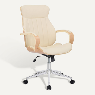 Fauteuil De Bureau Avec Roulettes Synthétique Crème Et Bois Clair Hauteur Réglable Bur10465