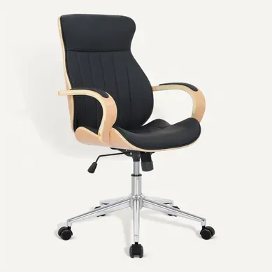 Fauteuil De Bureau Avec Roulettes Synthétique Noir Et Bois Clair Hauteur Réglable Bur10464
